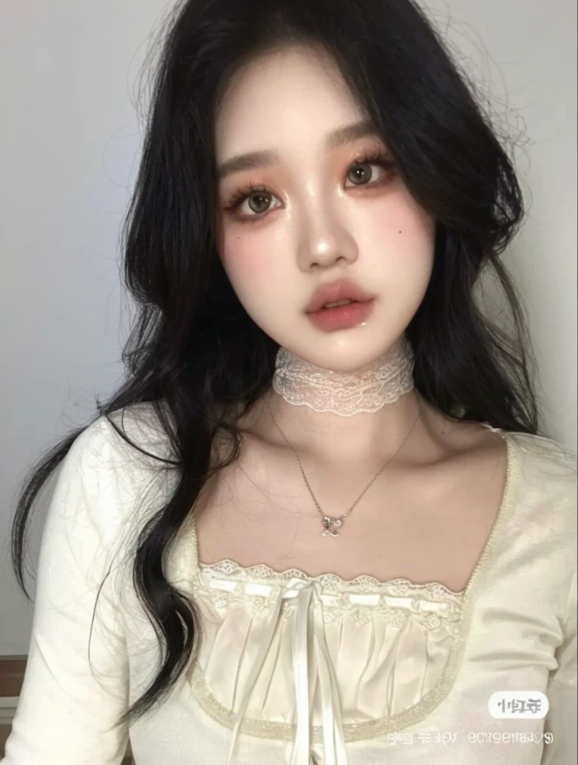 Close-up of woman with long hair wearing a white shirt, ulzzang, Adorable young Korean face, Cruel Korean goth girl, korean girl, Popular Korean makeup, Famous South Korean makeup, Pale porcelain white skin, Korean facial features, Cute young asian face, Symmetrical Korean face, Beautiful Asian girl, Adorable Korean face, Photo realistic kawaii