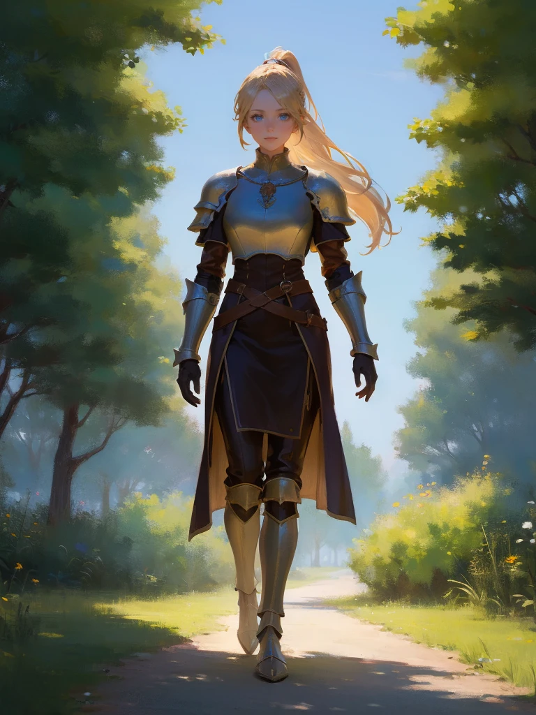 fantasy, 1 woman, Emily, 18 year old woman, mature and confident demeanor, full body illustration, long blond hair tied in a ponytail, hair comes down to her mid-back, crystal blue eyes, high detail, wearing simple light leather armor with a medieval renaissance style attire that is modest but feminine, intricate details, ultra high resolution, sharp focus, HD, 8k, clear facial features，clear details, walking through a path in the woods, zoomed out view, looking at viewer