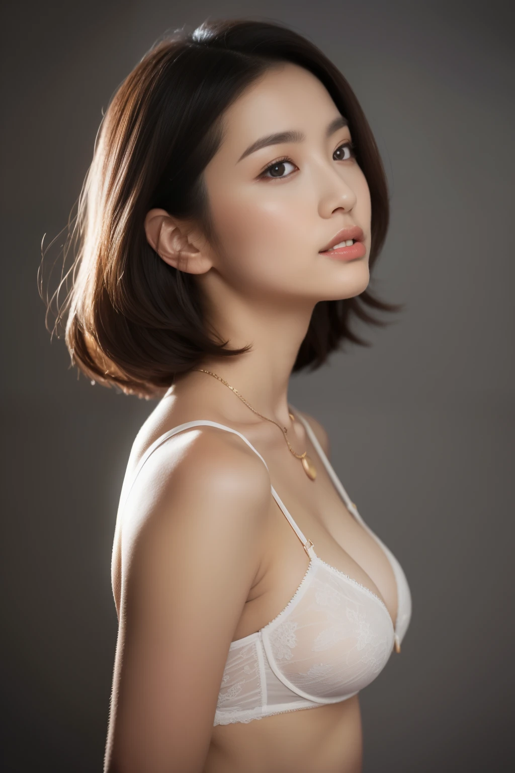 asian lady (She is brusing her hair with both hand, reveal her white lingerie), necklace, small breast, rounded shape breast, covered shirt((she)), ((mid-shot, full body, slender waist)), Hair Up Do、 Glowing eyes, nose blush, Carl Larsson, Alfonse Mucha, Chiaroscuro, Film Glenn, reflective light, (((long-Shot))), knee to top,show ((())), masterpiece, high details, ((gray background, studio light )) touch strap