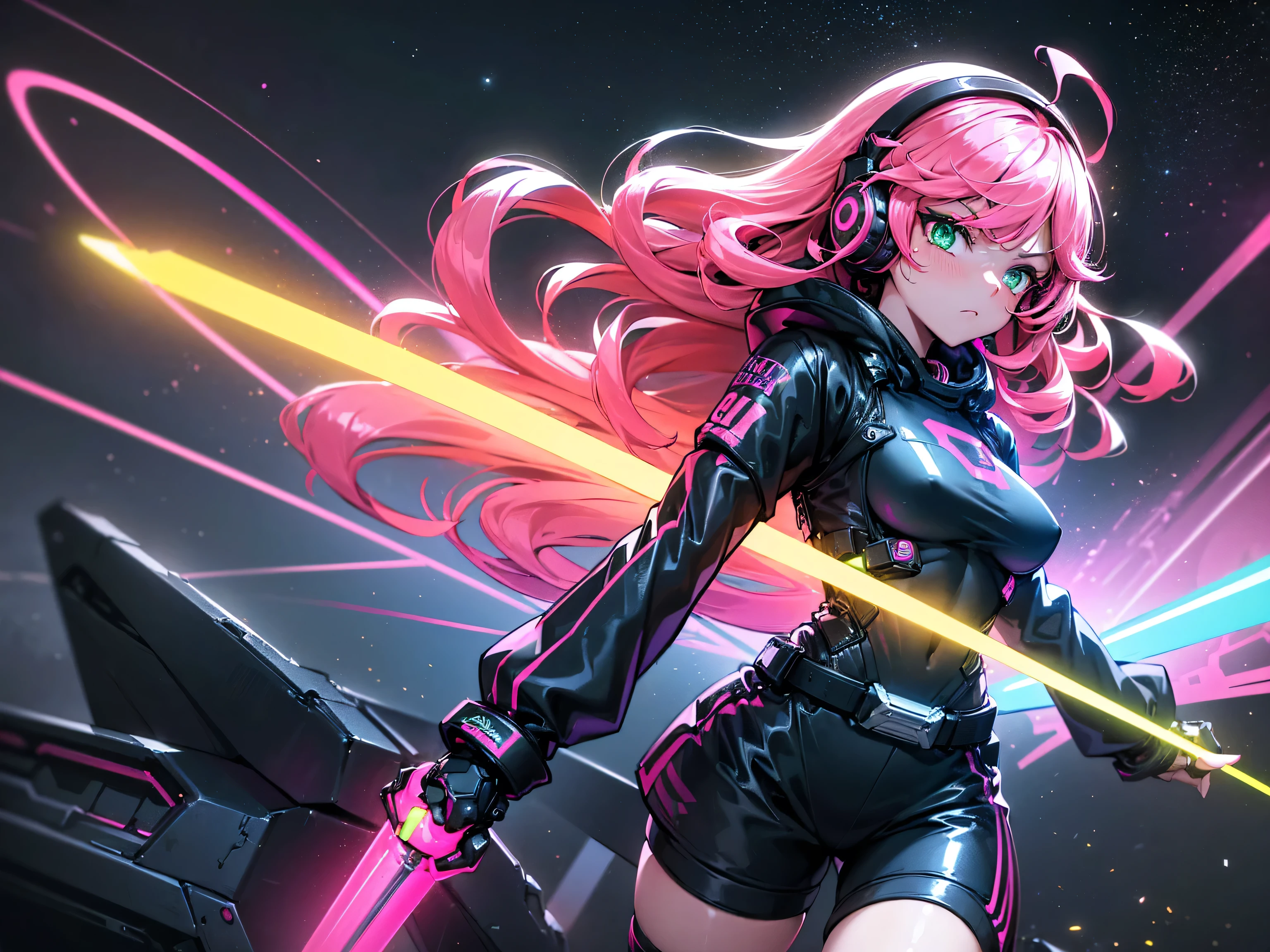 masterpiece:1.4, 1girl ((20year old, dressed in long sleeve shirt, tight black shorts, sneakers, medium breasts, multicolor pink hair, curly long hair, green eyes:1.4, Wearing headphones, badass, close up, futuristic city in background, floating in outer space:1.1 galaxy and earth in background:1.1, neon and energetic atmosphere:1.2)) ((nighttime)) ((solo:1.6))