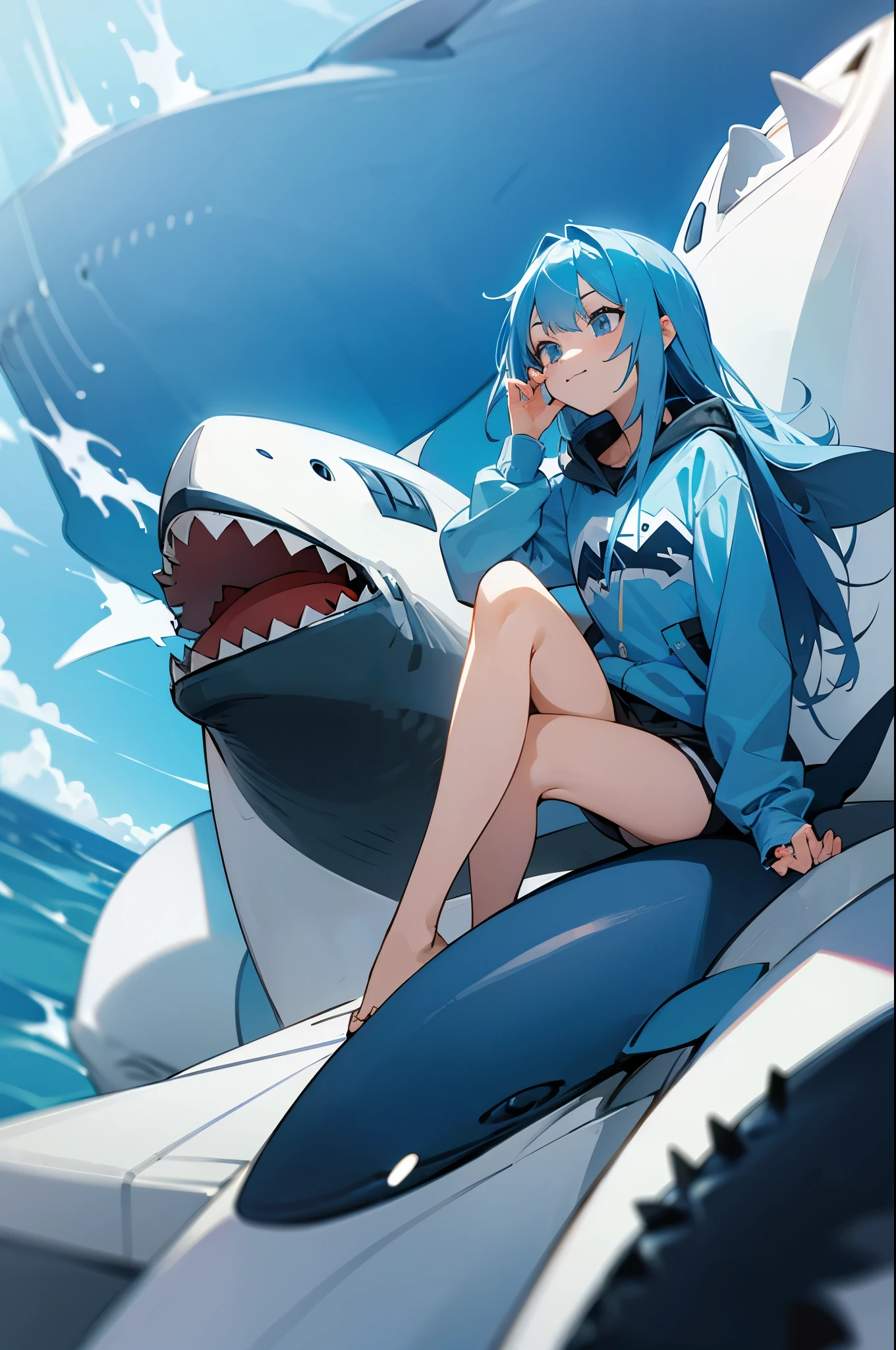 with shark teeth, blue hair, sitting on a whale