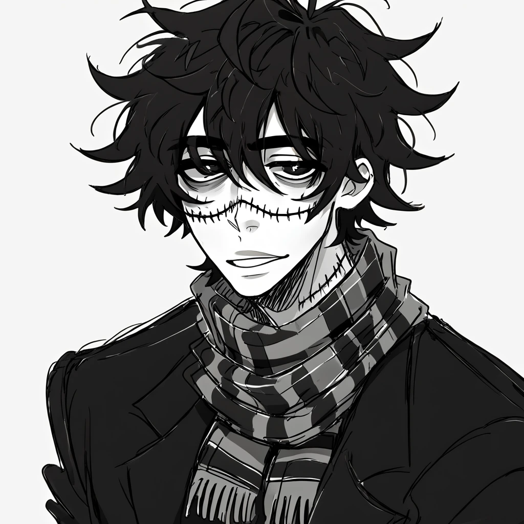 1man,mature male,  stitches, scarf,  coat, halfbody, grunge, sketchy lines, messy hair, black pupils, black hair, greyscale 