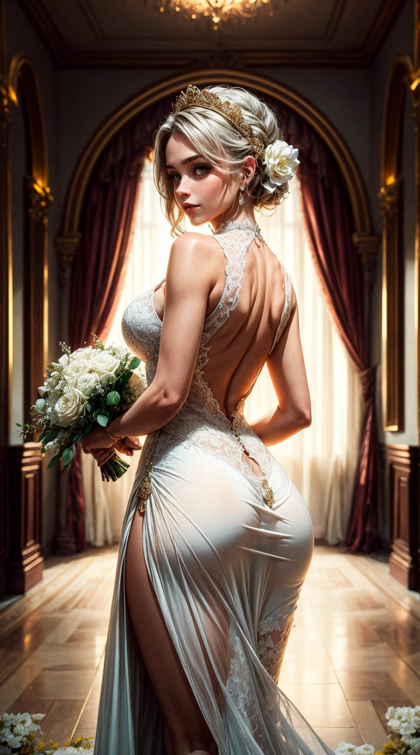 Tia is shown to have a fairly slender figure. She has white-grey hair , she has short hair and large pale green eyes, The girl is wearing a white wedding dress with a wonderful design, which wraps around her body elegantly. The dress opens with a large slit at the back, revealing the beauty of her back, and a hint of soft lace appears, adding to the elegance of the design. The girl looks very elegant, with a distinctive hairstyle that gives her overall appearance a touch of charm and beauty.
The girl carries a wonderful bouquet of various flowers in bright and cheerful colors. The bouquet looks huge with roses, freesia, lilyum and other luscious and cheerful flowers. The bouquet gives a touch of romance and beauty to its bridal look.
The girl is shown standing inside the wedding hall with warm and romantic lighting. The thin curtains flowed beside her, reflecting gentle lights onto her dress to make it appear even more sparkling. The luxurious decorations in the hall complement the charming ambiance, such as ornate walls, columns and golden decorations.
The bride-girl looks gorgeous and radiant amidst this luxurious environment. Her elegant look and carrying a bouquet of flowers give the photo beauty and great appeal, and she looks perfect as a charming bride eagerly awaiting the new beginning of their shared life., cleavage exposed, big breasts, superior quality, many details, Puri focus Sharp and realistic