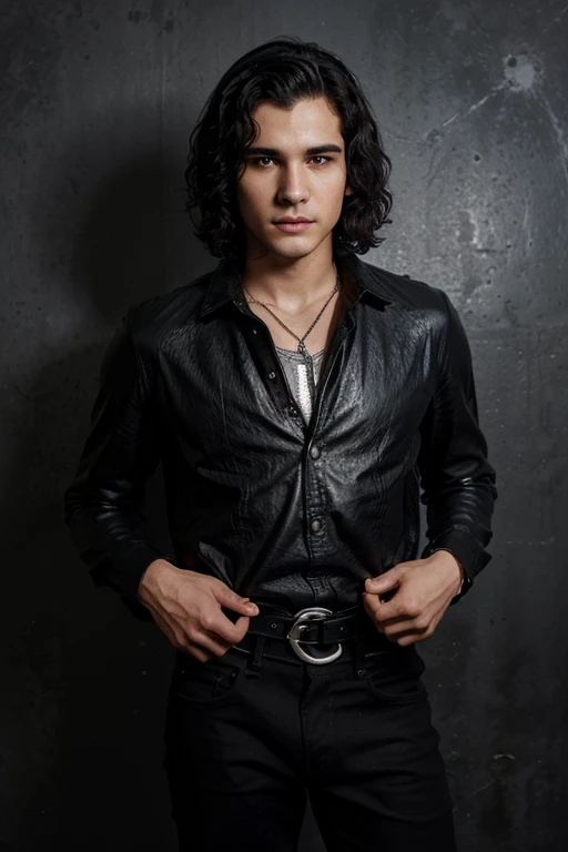 Elyes Gabel, Walter O'Brien, Teen Wolf, 28 years old, dark curly black hair, short and messy, honey eyes, gray shirt with black collar, leather belt, dark black jeans, silver moon pendant, black jeans, background black of misty forest.