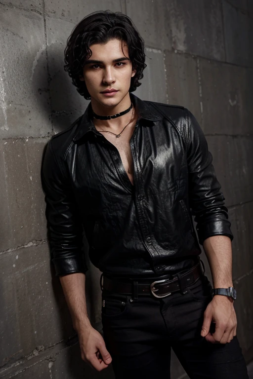 Elyes Gabel, Walter O'Brien, Wolf, 28 years old, dark curly black hair, short and messy, honey eyes, gray shirt with black collar, leather belt, dark black jeans, silver moon pendant, black jeans, background black of misty forest.