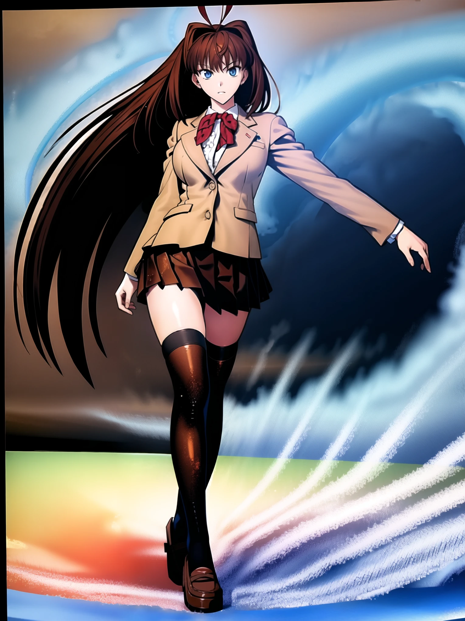 BREAK, centered. BREAK, (EMPTY BACKGROUND), BREAK, (masterpiece), best quality, high resolution, 8k, illustration, (beautiful detailed eyes:1.5), extremely detailed face, extremely detailed body, CG, perfect hands, perfect anatomy, (((1girl))), ((solo)), (((bbaoko))), ((2 legs max)), ((2 feet max:1.6)), ((swirling vortex shaped longest brown hair:1.5)), (brown longest hair with slightly reddish undertone:1.6), (lush luscious longest brown hair:1.6), (very long voluminous longest brown hair:1.5), serious, blue eyes, red bowtie, (Form-fitting beige blazer:1.5), brown jacket, (highly detailed beautiful face:1.2), (white shirt:1), (well shaped large breasts:1.6), (nice hips:1), (((Umber pleated thigh-high skirt:1.6))), (((black bike shorts:1.4))), (toned thighs:1.6), (black kneesocks:1.6), (strap shoes brown color), (facing front:1.5), ((standing straight:1.5)), ((Fullbody in frame:1.6)), ((Full body:1.5)), ((takeuchi takashi:1.3))