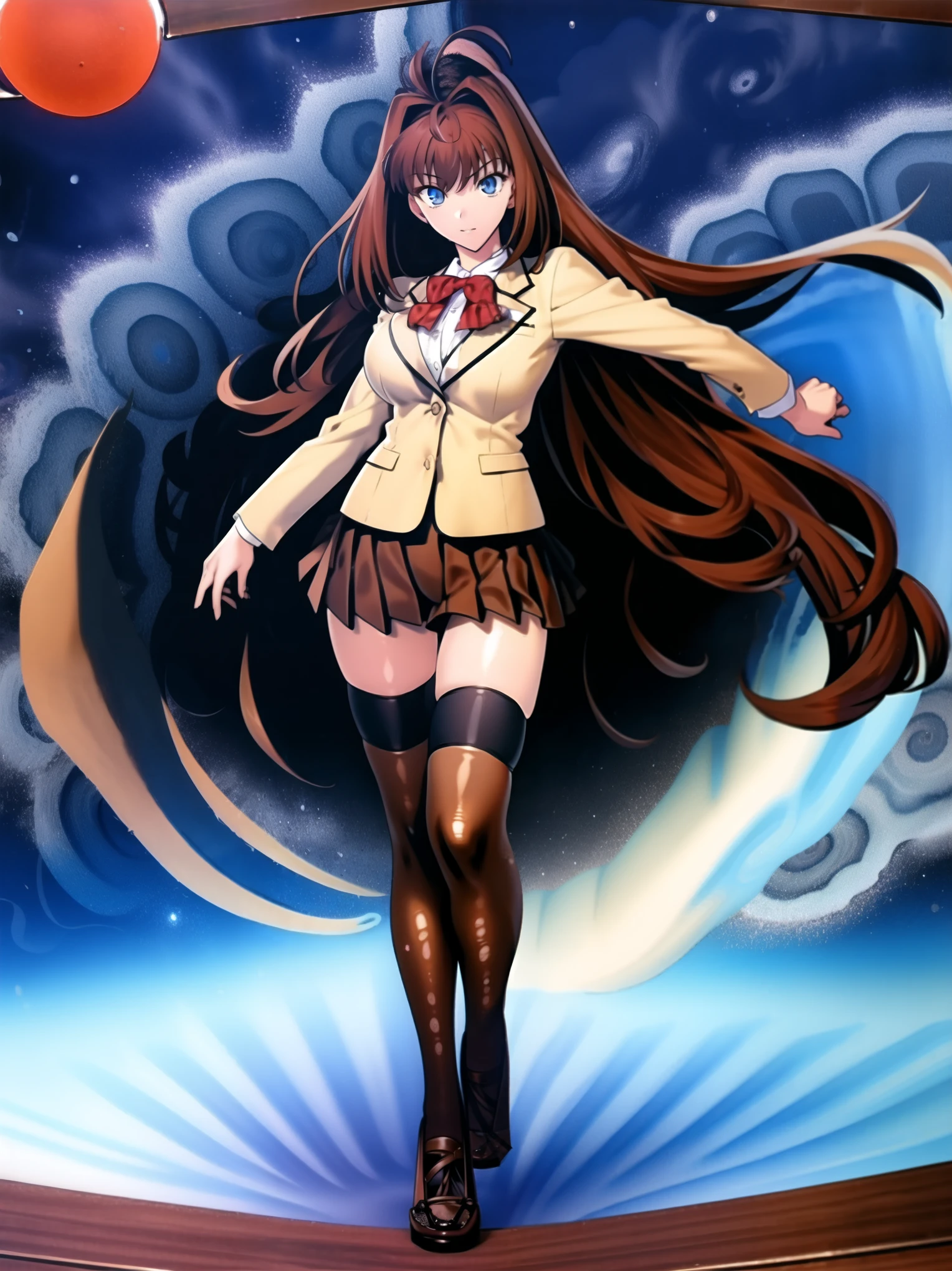 BREAK, centered. BREAK, (EMPTY BACKGROUND), BREAK, (masterpiece), best quality, high resolution, 8k, illustration, (beautiful detailed eyes:1.5), extremely detailed face, extremely detailed body, CG, perfect hands, perfect anatomy, (((1girl))), ((solo)), (((bbaoko))), ((2 legs max)), ((2 feet max:1.6)), ((swirling vortex shaped longest brown hair:1.5)), (brown longest hair with slightly reddish undertone:1.6), (lush luscious longest brown hair:1.6), (very long voluminous longest brown hair:1.5), serious, blue eyes, red bowtie, (Form-fitting beige blazer:1.5), brown jacket, (highly detailed beautiful face:1.2), (white shirt:1), (well shaped large breasts:1.6), (nice hips:1), (((Umber pleated thigh-high skirt:1.6))), (((black bike shorts:1.4))), (toned thighs:1.6), (black kneesocks:1.6), (strap shoes brown color), (facing front:1.5), ((standing straight:1.5)), ((Fullbody in frame:1.6)), ((Full body:1.5)), ((takeuchi takashi:1.3))
