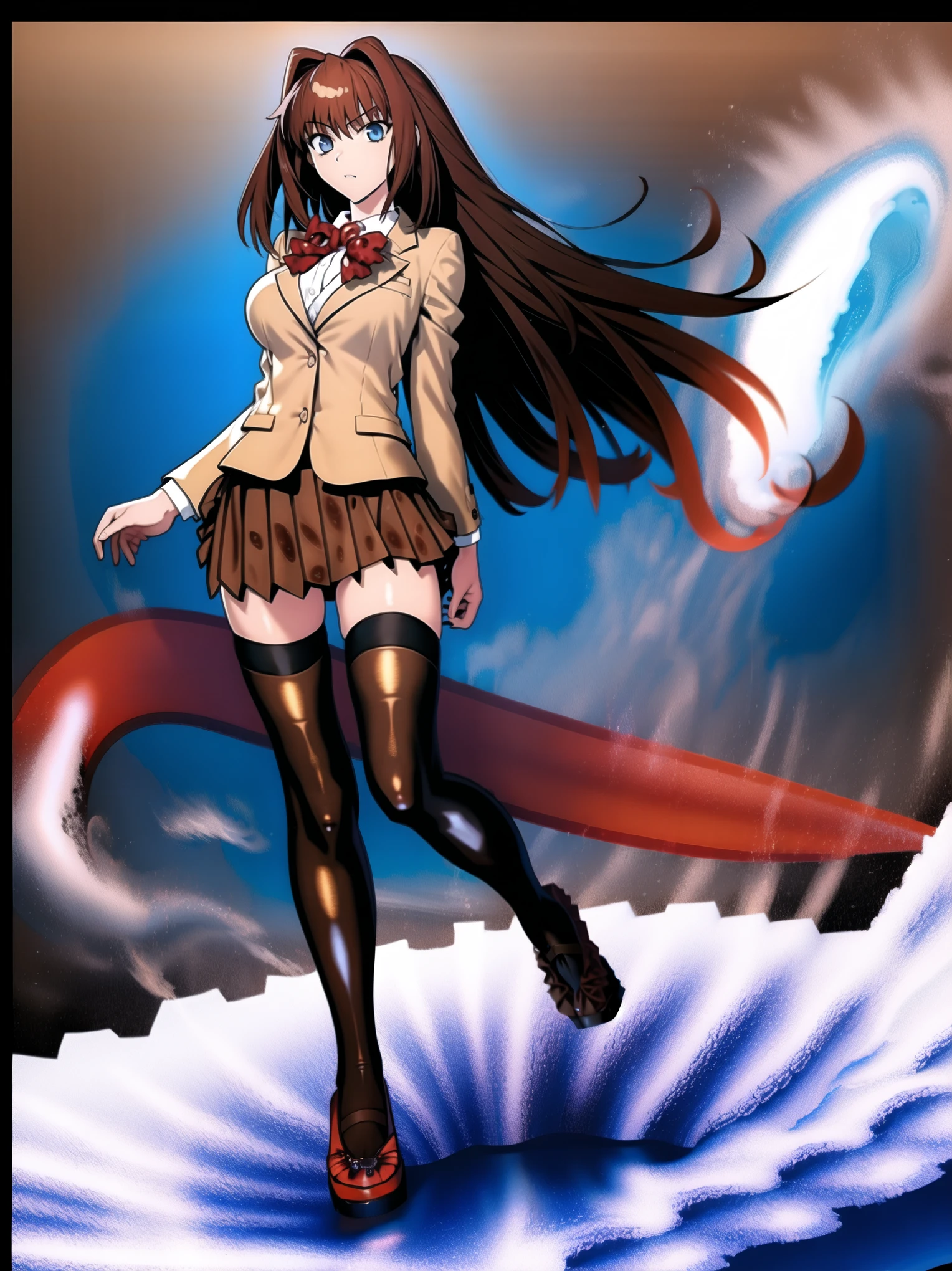 BREAK, centered. BREAK, (EMPTY BACKGROUND), BREAK, (masterpiece), best quality, high resolution, 8k, illustration, (beautiful detailed eyes:1.5), extremely detailed face, extremely detailed body, CG, perfect hands, perfect anatomy, (((1girl))), ((solo)), (((bbaoko))), ((2 legs max)), ((2 feet max:1.6)), ((swirling vortex shaped longest brown hair:1.5)), (brown longest hair with slightly reddish undertone:1.6), (lush luscious longest brown hair:1.6), (very long voluminous longest brown hair:1.5), serious, blue eyes, red bowtie, (Form-fitting beige blazer:1.5), brown jacket, (highly detailed beautiful face:1.2), (white shirt:1), (well shaped large breasts:1.6), (nice hips:1), (((Umber pleated thigh-high skirt:1.6))), (((black bike shorts:1.4))), (toned thighs:1.6), (black kneesocks:1.6), (strap shoes brown color), (facing front:1.5), ((standing straight:1.5)), ((Fullbody in frame:1.6)), ((Full body:1.5)), ((takeuchi takashi:1.3))