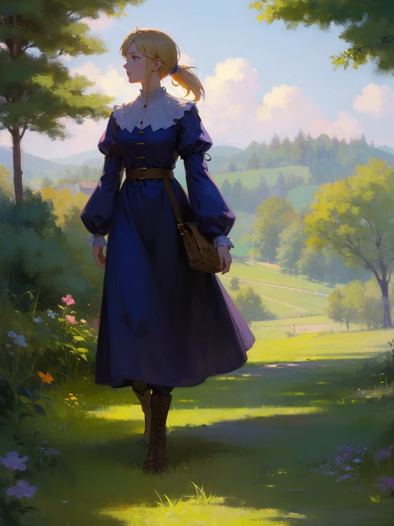 fantasy, 1 woman, Emily, 18 year old woman, farm girl, commoner, mature and confident demeanor, full body illustration, long blond hair tied in a ponytail, hair comes down to her mid-back, crystal blue eyes, high detail, wearing medieval renaissance style farm clothes that is modest but feminine, intricate details, ultra high resolution, sharp focus, HD, 8k, clear facial features，clear details, walking through a path in the woods, zoomed out view, looking at viewer