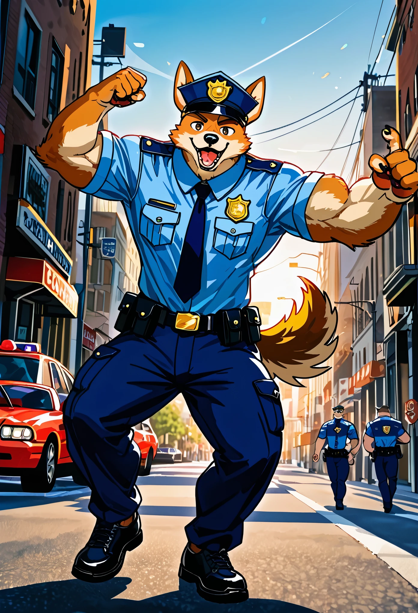 top quality, best quality, highres, masterpiece, super high resolution, detailed background, street, gasping for air(super handsome boys, dog)police officer, swat, police uniform, absurdres, perfect anatomy, good lighting, volumetric lighting, cinematic shadow(kemono, furry anthro),