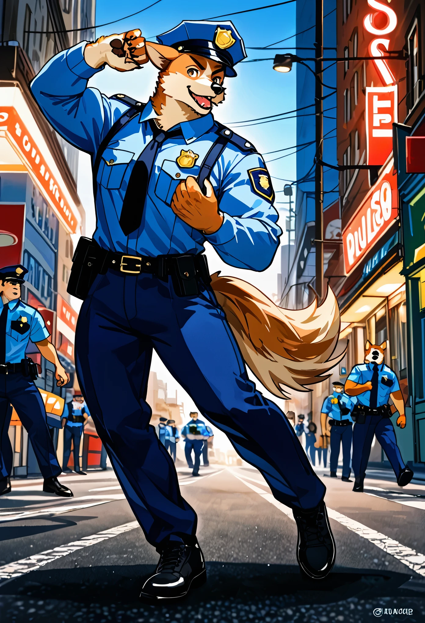 top quality, best quality, highres, masterpiece, super high resolution, detailed background, street, gasping for air(super handsome boys, dog)police officer, swat, police uniform, absurdres, perfect anatomy, good lighting, volumetric lighting, cinematic shadow(kemono, furry anthro),