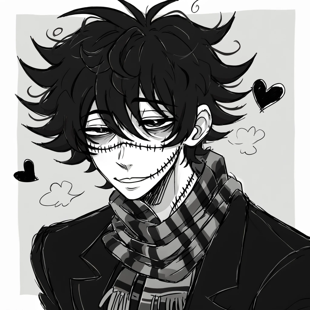 1man,mature male,  stitches, scarf,  coat, halfbody, grunge, sketchy lines, messy hair, black pupils, black hair, greyscale, hearts, half lidded eyes