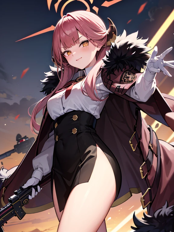 aru (blue archive), aru (new year) (blue archive), aru, halo, horn, fur_trim, gun, weapon, rifle, sniper_rifle, 1girl, holding_gun, fur-trimmed_coat, fur-trimmed_sleeves, fur_collar, fur-trimmed_jacket, holding_weapon, bolt_action, coat, gloves, anti-materiel_rifle, fur_coat, fur-trimmed_cape, solo, scope, bullpup, long_hair, skirt, smug, sexy