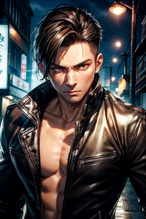 Full body view, , up view,A handsome Yakuza boy with leather jacketand stylish hairstyle , , brown eyes, , ((very detailed)), (perfectly detailed face), (well detailed hand), photorealistic image.night light, night, glowing, gentle style , gentle pose, full body view