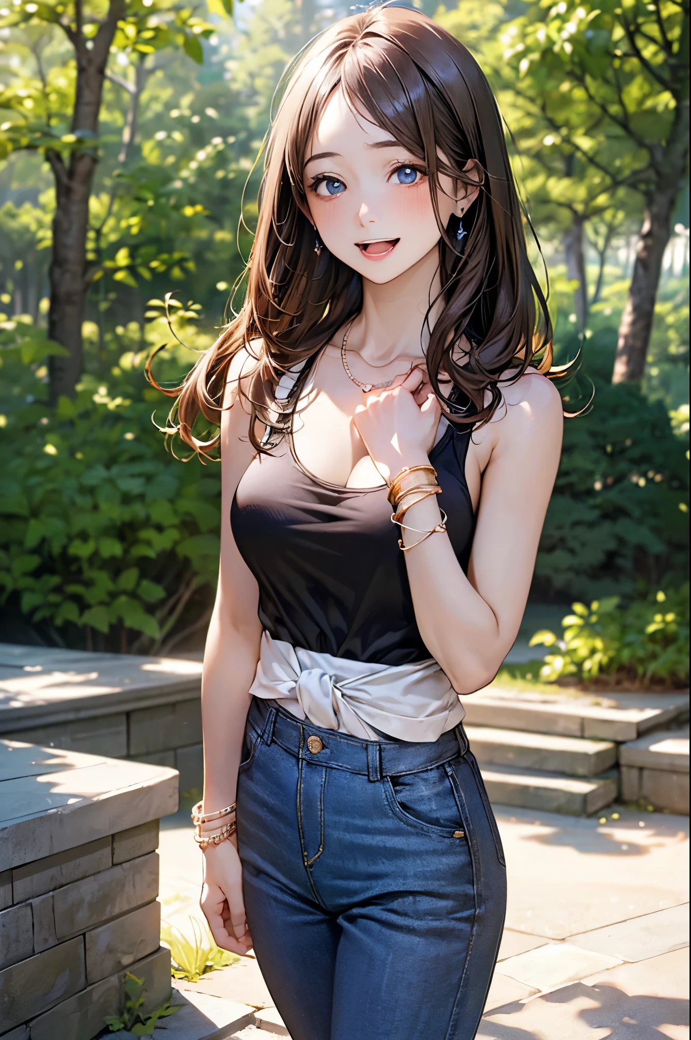 (masterpiece:1.2, top-quality), (realistic, photorealistic:1.4), beautiful illustration, (natural side lighting, movie lighting),
looking at viewer, full body, front view:0.6, 1 girl, japanese, high school girl, perfect face, cute and symmetrical face, suntan, shiny skin,
(long hair:1.5, straight hair:1.4, brown hair), forehead, blue eyes, long eye lasher, (large breasts:0.8), perfect body,
beautiful hair, beautiful face, beautiful detailed eyes, beautiful clavicle, beautiful body, beautiful chest, beautiful thigh, beautiful legs, beautiful fingers,
((random color oversized tank top:1.2, tight pants), necklace, bracelet),
(beautiful scenery), evening, (forest), (put your hands on your chest:1.3), (sexy smil, upper eyes, open mouth),