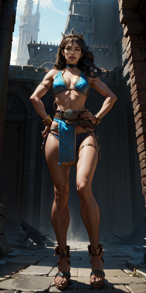 full body, whole body. loincloth standing, hands on hips full body, 1solo (girl). slave fighter, metal sandals, choker, big belt, view from below, feet together, bracers, tiara