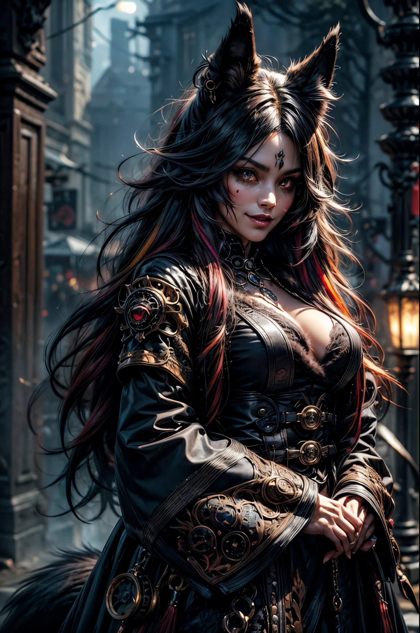 [best quality,shaded,extreme details,highly detailed,ultra detailed,intricate,realistic,perfect face,full body portrait,low lighting,dark color],wolf woman,full fur,magic fur,full tail,big signal,tail magical, long hair (colored hair), expressive smile, demonic kimono (dark color, steampunk style), there is blood on the clothes, sinister and dark atmosphere, dark fog.