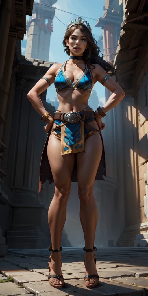 full body, whole body. loincloth standing, hands on hips full body, 1solo (girl). slave fighter, metal sandals, choker, big belt, view from below, feet together, bracers, tiara