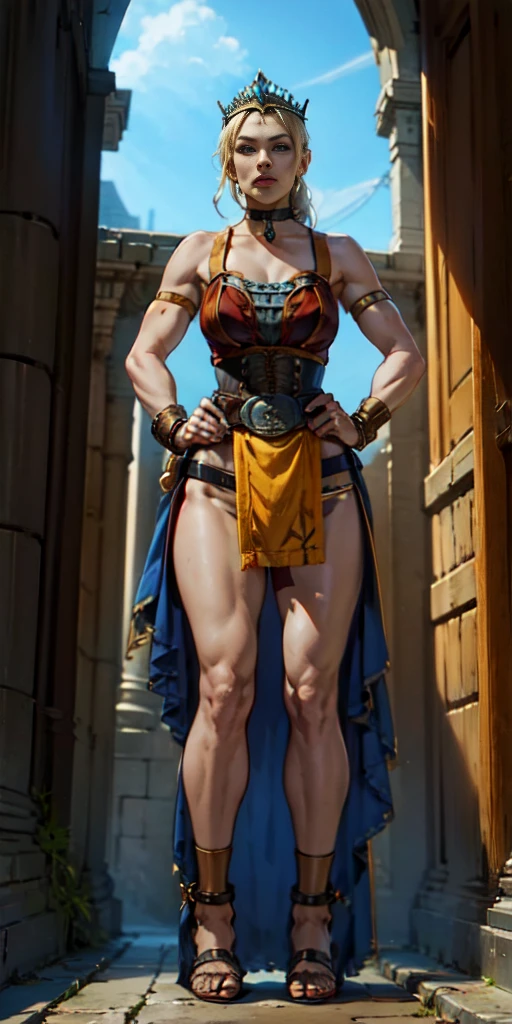 full body, whole body. loincloth standing, hands on hips full body, 1solo (girl). slave fighter, metal sandals, choker, big belt, view from below, feet together, bracers, tiara