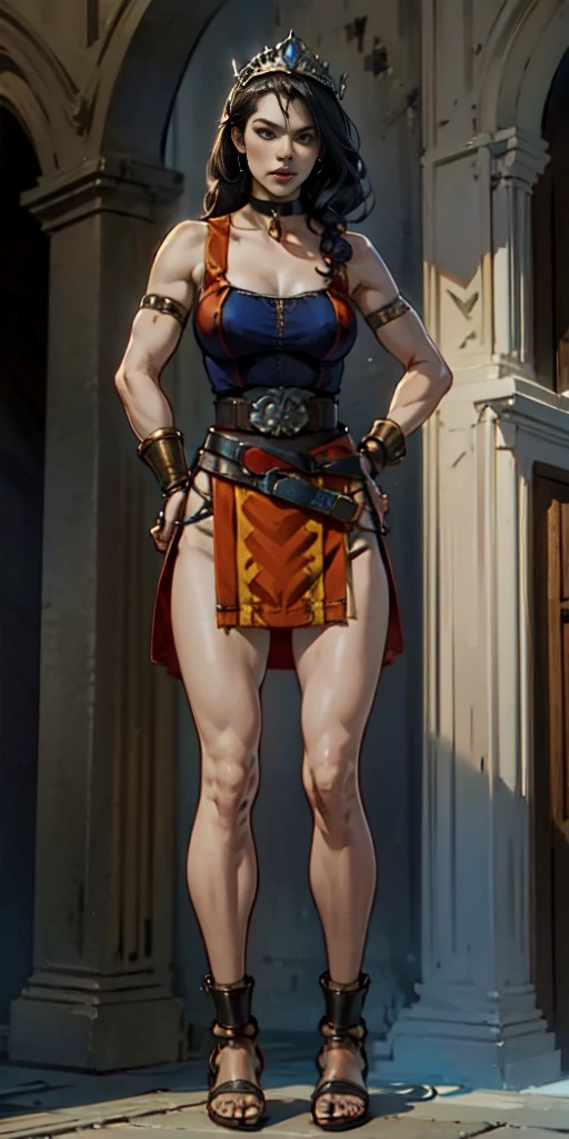 full body, whole body. loincloth standing, hands on hips full body, 1solo (girl). slave fighter, metal sandals, choker, big belt, view from below, feet together, bracers, tiara