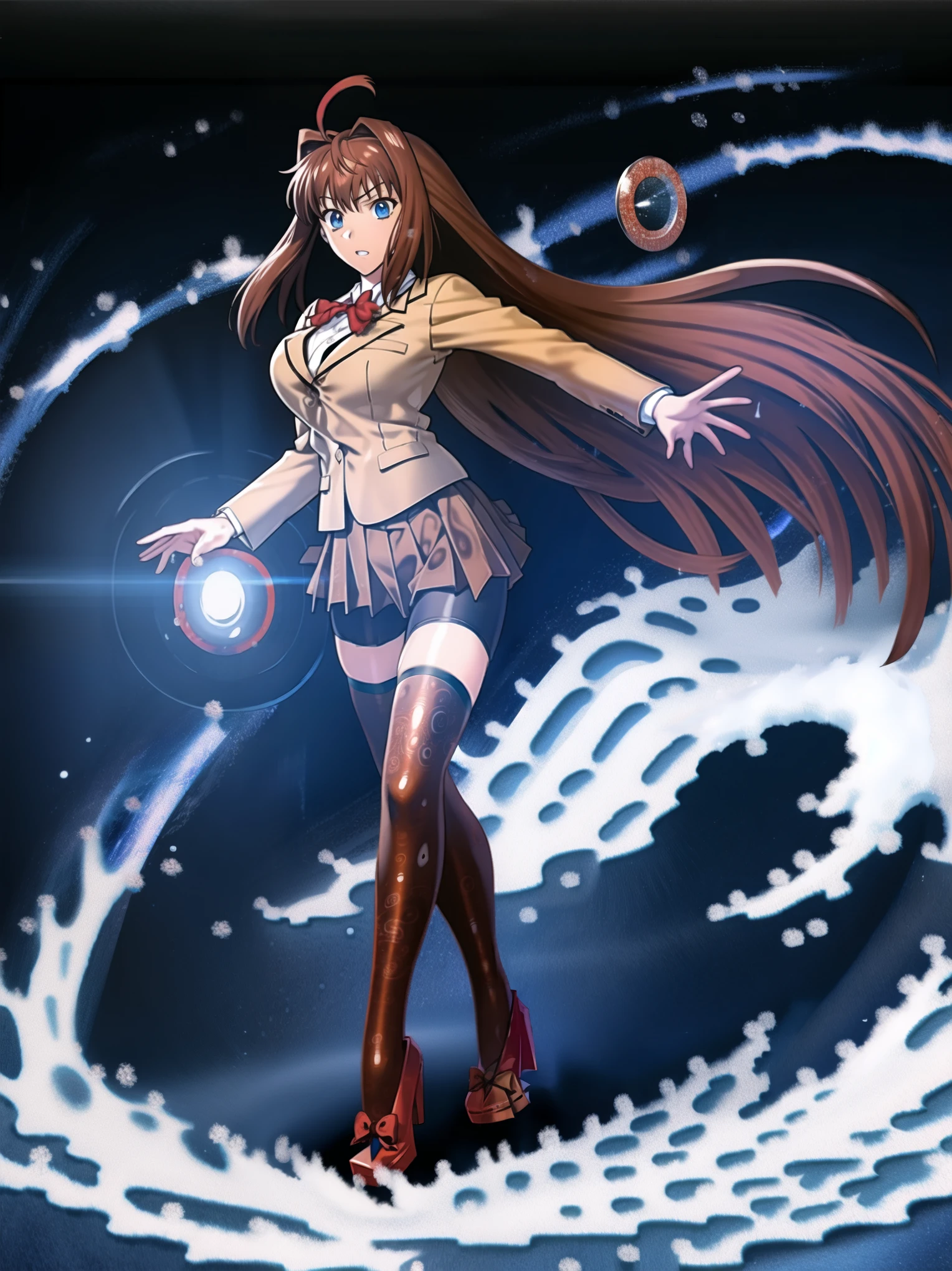 BREAK, centered. BREAK, (EMPTY BACKGROUND), BREAK, (masterpiece), best quality, high resolution, 8k, illustration, (beautiful detailed eyes:1.5), extremely detailed face, extremely detailed body, CG, perfect hands, perfect anatomy, (((1girl))), ((solo)), (((bbaoko))), ((2 legs max)), ((2 feet max:1.6)), ((swirling vortex shaped longest brown hair:1.5)), (brown longest hair with slightly reddish undertone:1.6), (lush luscious longest brown hair:1.6), (very long voluminous longest brown hair:1.5), serious, blue eyes, red bowtie, (Form-fitting beige blazer:1.5), brown jacket, (highly detailed beautiful face:1.2), (white shirt:1), (well shaped large breasts:1.6), (nice hips:1), (((Umber pleated thigh-high skirt:1.6))), (((black bike shorts:1.4))), (toned thighs:1.6), (black kneesocks:1.6), (strap shoes brown color), (facing front:1.5), ((standing straight:1.5)), ((Fullbody in frame:1.6)), ((Full body:1.5)), ((takeuchi takashi:1.3))