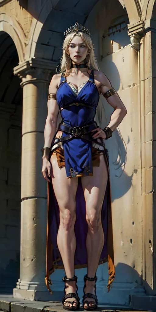 full body, whole body. loincloth standing, hands on hips full body, 1solo (girl). slave fighter, metal sandals, choker, big belt, view from below, feet together, bracers, tiara