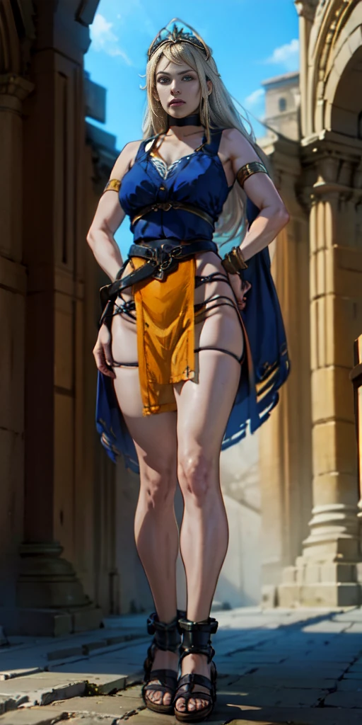 full body, whole body. loincloth standing, hands on hips full body, 1solo (girl). slave fighter, metal sandals, choker, big belt, view from below, feet together, bracers, tiara