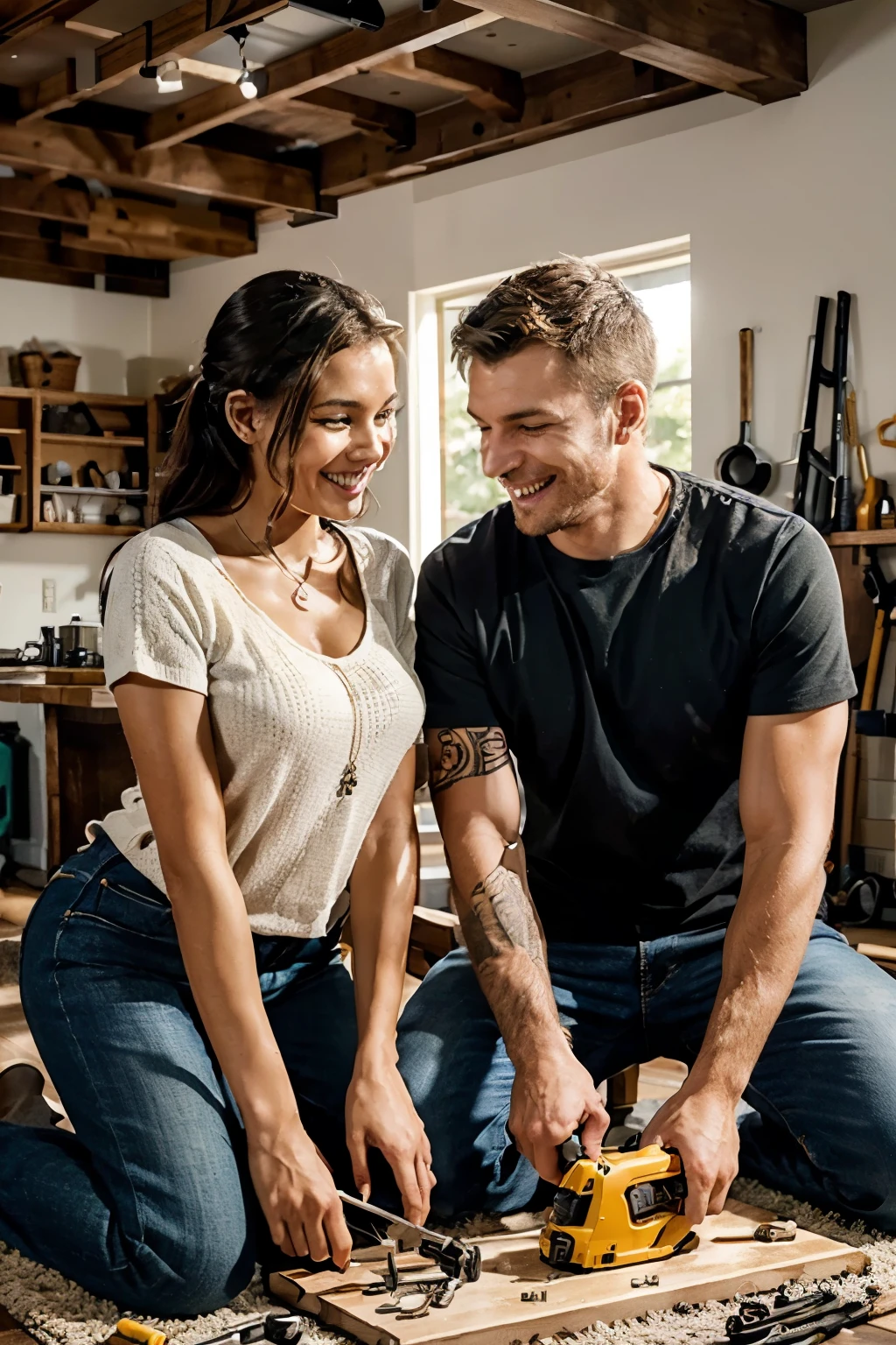 Create a highly realistic image depicting an interracial couple joyfully assembling a piece of furniture in their home. The couple is seated on the floor, surrounded by tools and furniture parts, with one of them holding a white MDF board, a crucial piece of the furniture they are assembling.
The couple should be shown actively engaged in the assembly process, with one of them holding the MDF board and the other handling tools or other parts of the furniture. Both partners should be smiling and enjoying themselves, conveying a sense of teamwork and satisfaction in their home improvement project.
The background should feature a cozy living space with details like a rug, cushions, and other pieces of furniture already set up. Tools such as screwdrivers, wrenches, and a hammer should be visible nearby, along with other parts of the furniture they are assembling.
The lighting should be warm and inviting, casting soft shadows and highlighting the textures of the MDF board and other materials. The image should capture the intimacy and happiness of the moment, emphasizing the couple's bond as they work together to create their home environment.