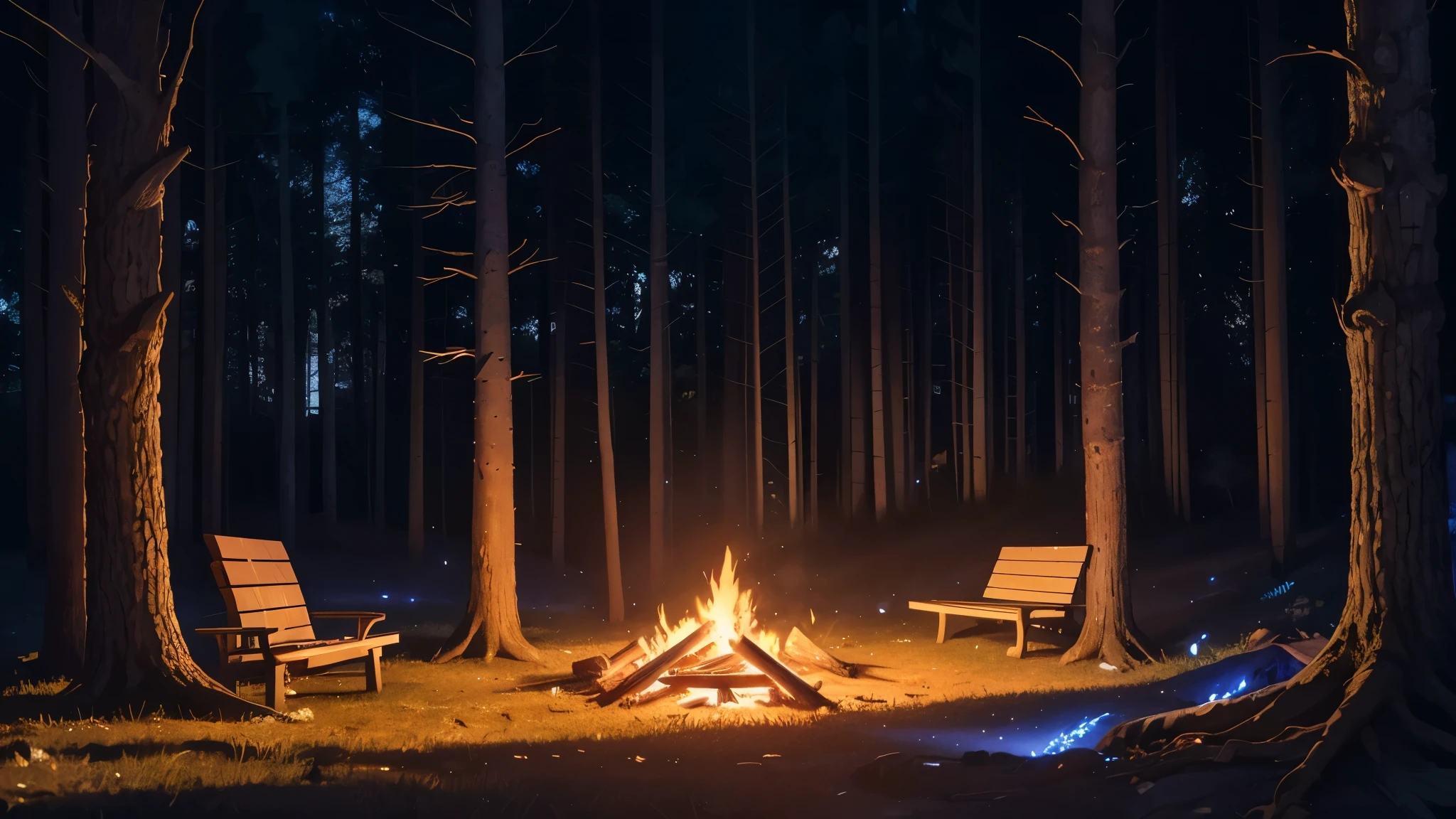 Emphasis on a bonfire, scenery in a flat forest, with dry trees, a noite com muita neblina, Totally bluish and dark lighting. Vista distante muito distante, fallen log near the fire as a bench. The bonfire is partially hidden by trees in a plane closer to the camera