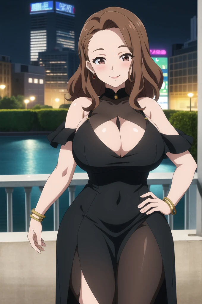 (best quality:1.5, highres, UHD, 4K, detailed lighting, shaders, HDR, hand depiction, anime style), brown wavy hair, forehead, large breast, fancy black dress, tight dress, sleeveless, off shoulder dress, hip windows dress, hips showing, big hips, jewelry, smiling, blushing:1.5, standing, pov, night, seductive