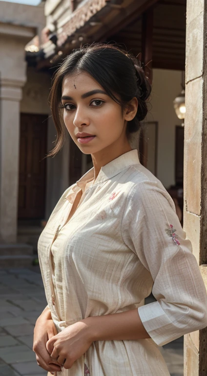 ultra-realistic photographs,Indian Instagram female model,mid 20s,9:16,mid-shot,beautiful detailed eyes,detailed lips,longeyelashes,black bun hair, naturally full eyebrows,perfectly formed nose,expressive face,attractive appearance,confident and elegant posture,graceful movement,vibrant and colorful kurta dress, floral patterns, temple background, serene atmosphere,stunning architecture,soft and natural lighting,vivid colors,photorealistic,HDR,highres,studio lighting,ultra-detailed,bokeh,fully covered clothes