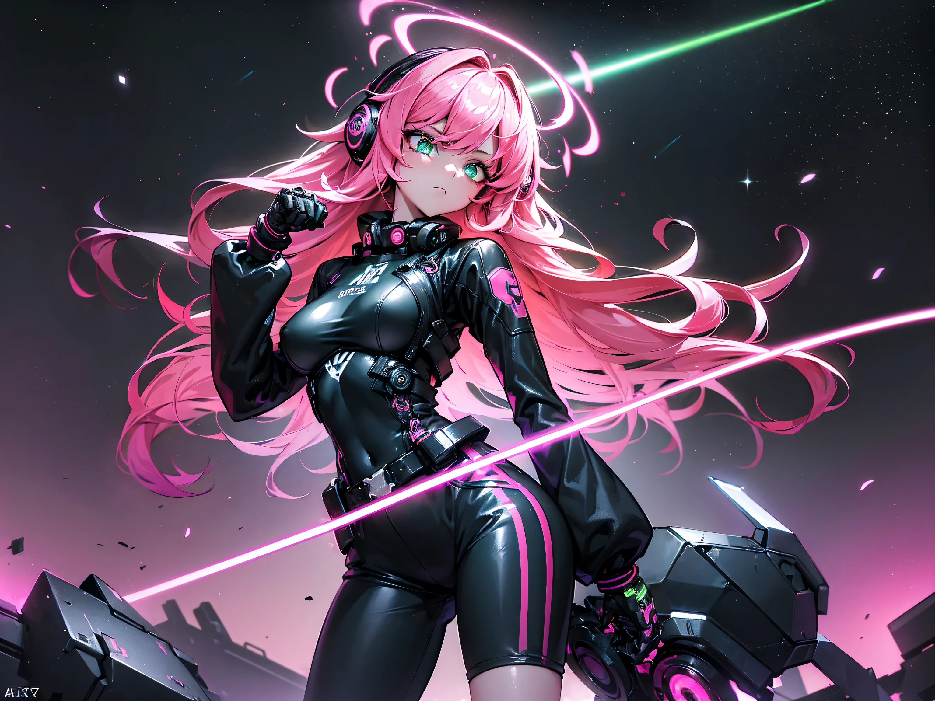 masterpiece:1.4, 1girl ((20year old, dressed in long sleeve shirt, tight black shorts, sneakers, medium breasts, multicolor pink hair, curly long hair, green eyes:1.4, Wearing headphones, badass, close up, futuristic city in background, floating in outer space:1.1 galaxy and earth in background:1.1, neon and energetic atmosphere:1.2)) ((nighttime)) ((solo:1.6))