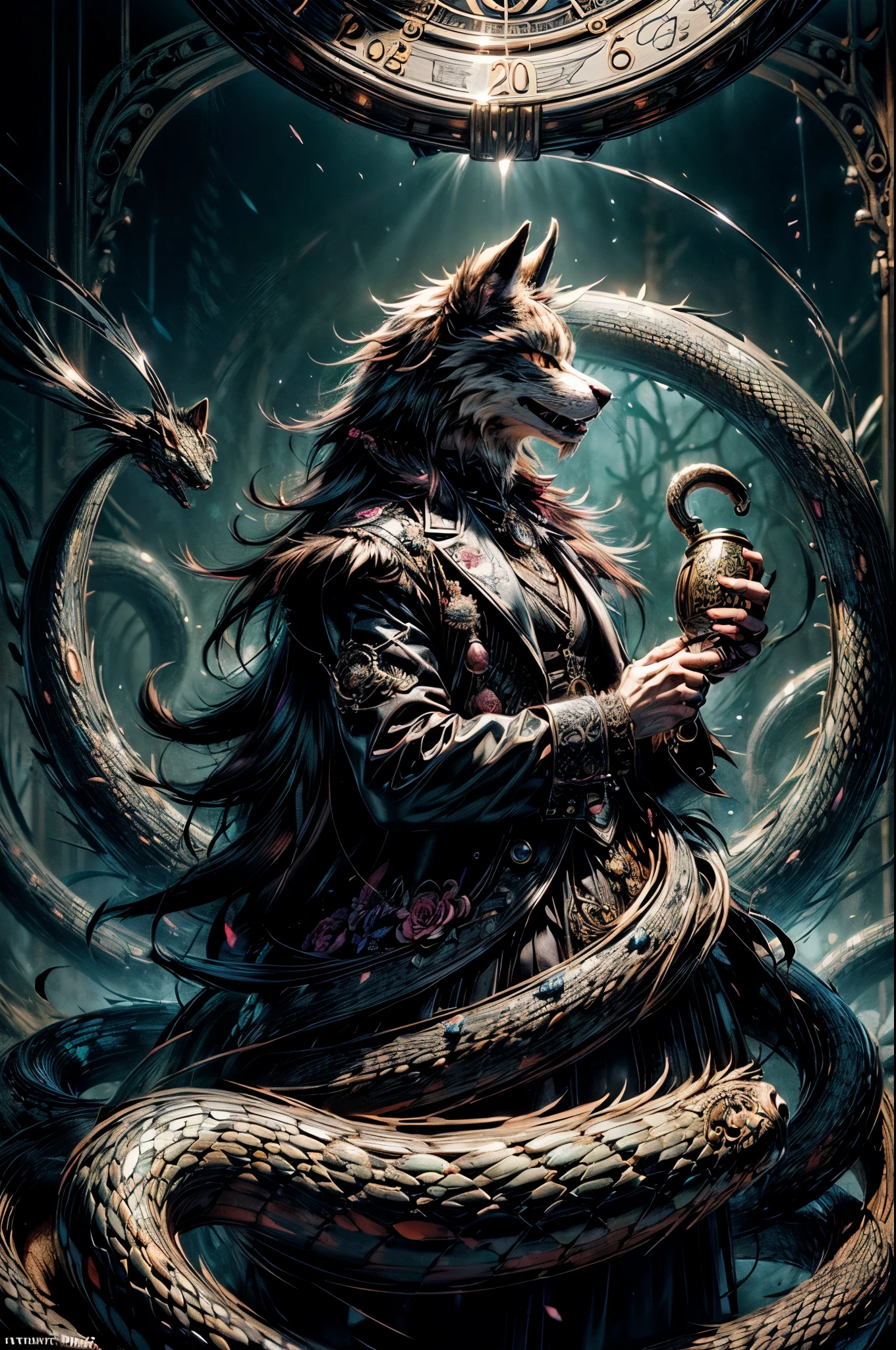(best quality, high resolution, ultra-detailed)silhouett(kemono, furry anthro)holding striking pocket watch, surrounded by flowers, snakes and darkness, illustrative rendering, intricate details, mysterious atmosphere, vibrant colors, dynamic lighting , Gothic style,