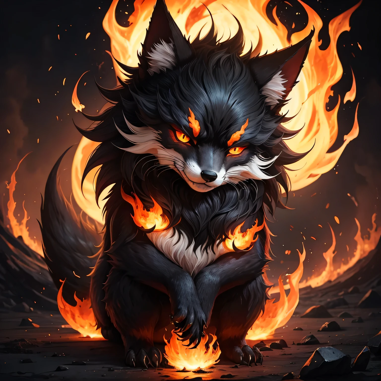 Black Nine-Tailed Fox　Flames Around　cute monster