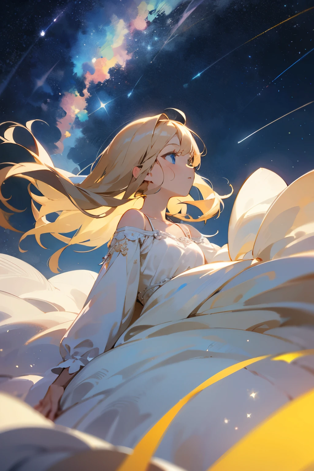 ((highest quality)), ((masterpiece)), (detailed), Perfect Face、profile、girl、one person、Beige Hair、Long Hair、White dress、Looking up at the night sky、shooting star、Cami dress、Blue Eyes