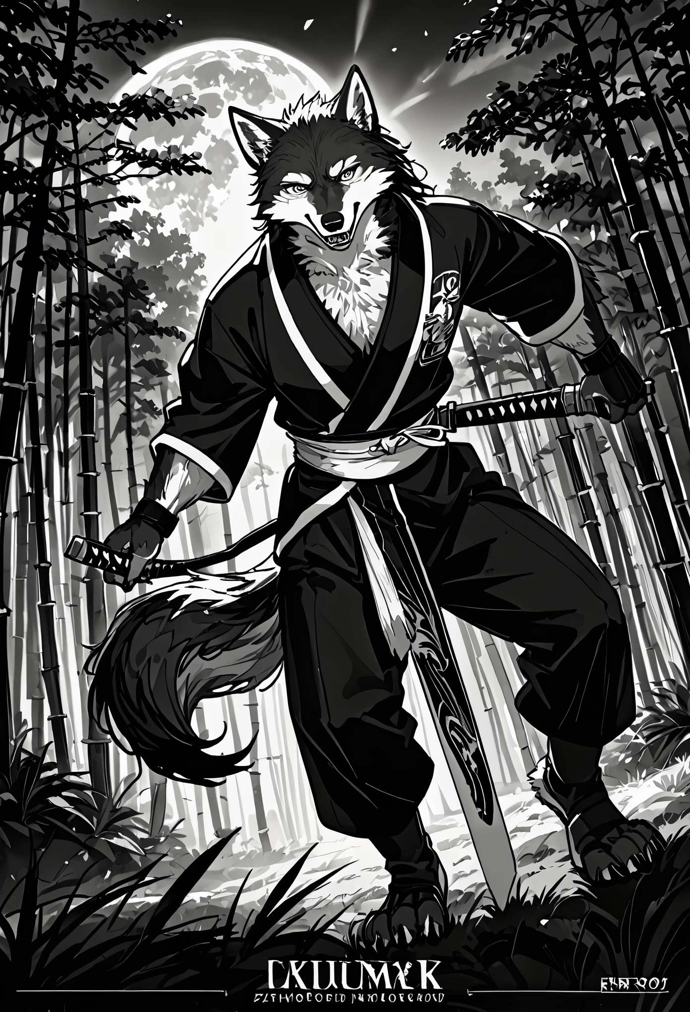 e621 upload, Top quality ultra-fine illustrations, movie poster, Zatoichi, Blind Swordsman, shuimobysim, Chōjū-jinbutsu-giga, picture scroll, monochrome(bamboo forest, dark night with beautiful full moon, rays of light through bamboo, backlighting) (beautiful face and eyes with great detail) absurdres perfect anatomy ((Beastman))) (furry, solo focus, Japanese kimono, ninja, samurai, sword with blue flames, battle duels) (furry anthro:1.7) ((((furry body, wolf facial features, wolf body features)))) ((((wolf muzzle highly detailed fur)))) full body, sturdy look, shouting, combat regime (dynamic pose),