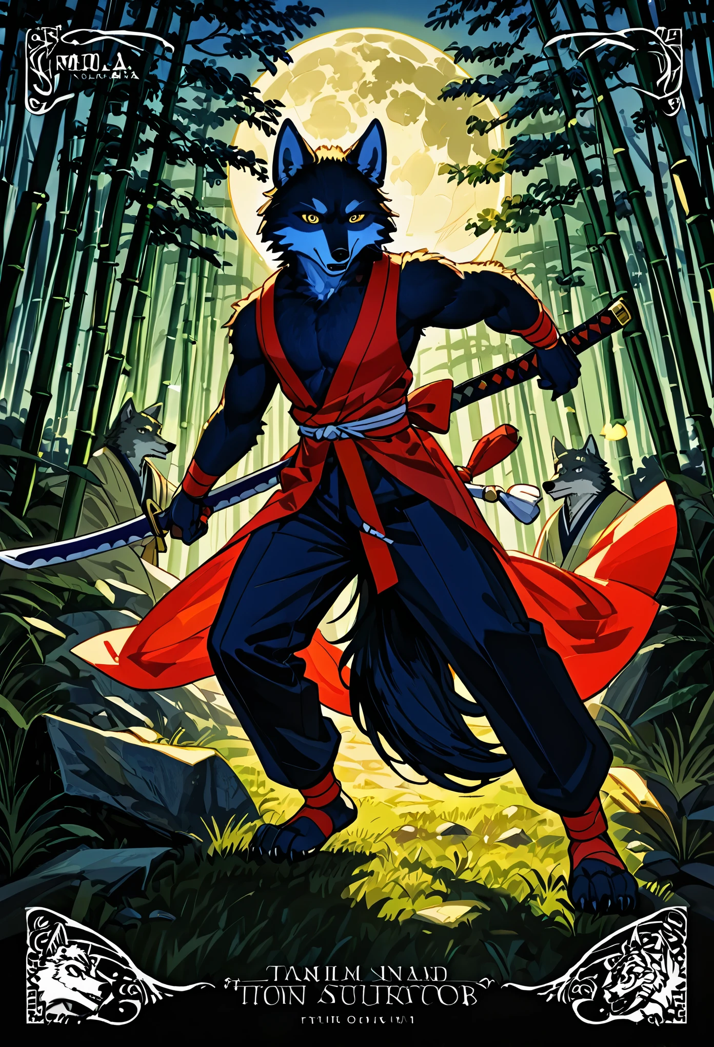 e621 upload, Top quality ultra-fine illustrations, movie poster, Zatoichi, Blind Swordsman, shuimobysim, Chōjū-jinbutsu-giga, picture scroll, monochrome(bamboo forest, dark night with beautiful full moon, rays of light through bamboo, backlighting) (beautiful face and eyes with great detail) absurdres perfect anatomy ((Beastman))) (furry, solo focus, Japanese kimono, ninja, samurai, sword with blue flames, battle duels) (furry anthro:1.7) ((((furry body, wolf facial features, wolf body features)))) ((((wolf muzzle highly detailed fur)))) full body, sturdy look, shouting, combat regime (dynamic pose),