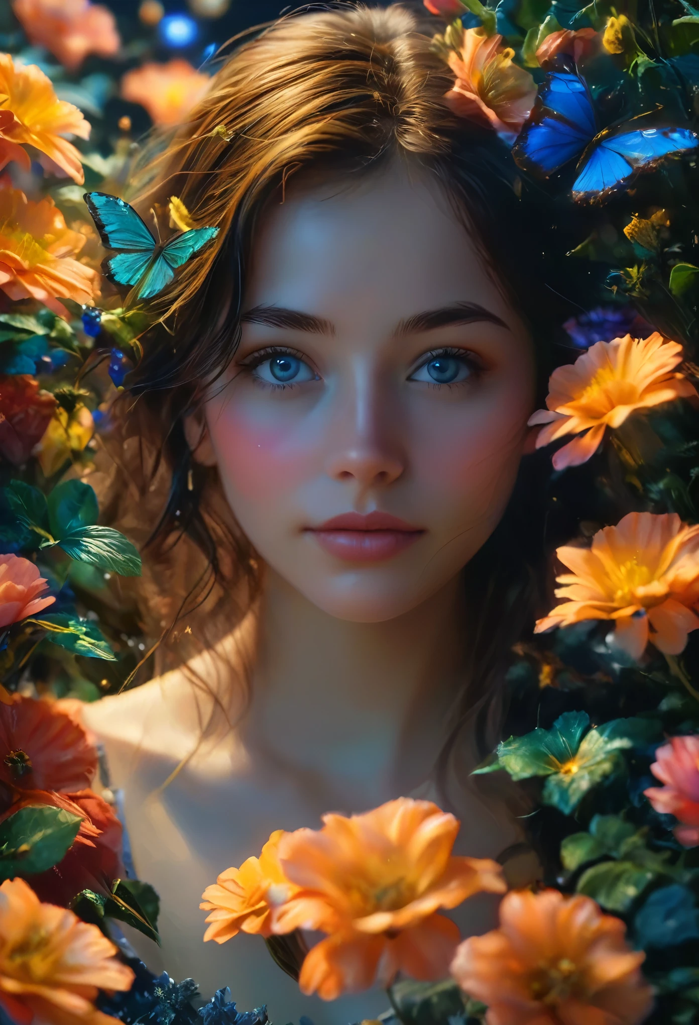 (melhor qualidade,4k,8K,high resolution,Obra de arte:1.2),ultra-detalhado,(Ultra-realista, photorealista,photo-realista:1.37), a beautiful young woman with a shy smile in a lush garden at night, detailed high resolution 8K photo, fundo detalhado, Dutch wide angle shot,  detalhada com olhos bonitos, Nariz, and lips, flores detalhadas, starry night sky, (melhor qualidade,4k,8K,high resolution,Obra de arte:1.2),ultra-detalhado,(realista,photorealista,photo-realista:1.37),HDR,UHD,studio lighting,Pintura ultrafina,sharp focus,physically based rendering,extreme detailed description,Profissional,cores vivas,Bokeh,retrato,fotografia
