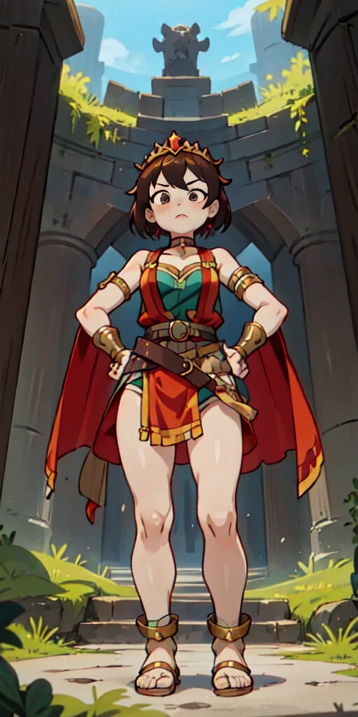 full body, whole body. loincloth standing, hands on hips full body, 1solo (girl). slave fighter, metal sandals, choker, big belt, view from below, feet together, bracers, tiara
