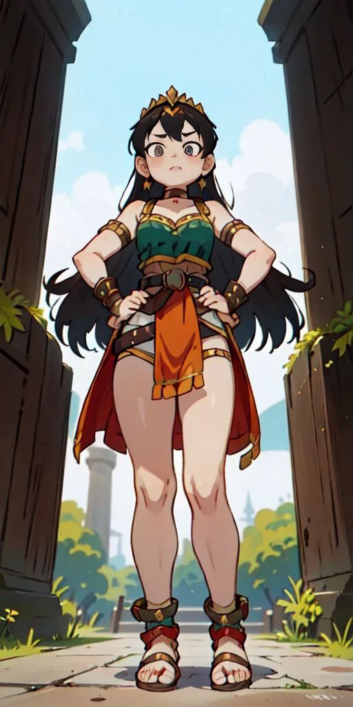 full body, whole body. loincloth standing, hands on hips full body, 1solo (girl). slave fighter, metal sandals, choker, big belt, view from below, feet together, bracers, tiara