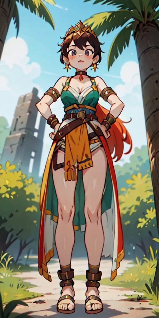 full body, whole body. loincloth standing, hands on hips full body, 1solo (girl). slave fighter, metal sandals, choker, big belt, view from below, feet together, bracers, tiara