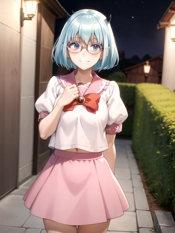 best quality, masterpiece, detailed,
Crocell Kerori,
smile, closed mouth, light blush, happy,
light blue hair, short hair, blue eyes, horns, round eyewear, colored eyelashes,
KeroriSchoolUniform, , serafuku, pink skirt, bow,
standing, looking at the viewer,
halloween, outdoors, night