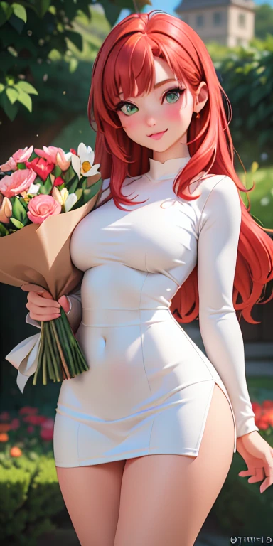 Small round breasts, (1 mature Girl), ((light red hair: 5.2, long straight style, symmetrical bangs)), green eyes, double eyelids, light effect on eyes, wide hips, white skirt dress, long sleeves, stylish, beautiful smile, shy, blush on cheeks, ((sexy body)), solo, best quality, masterpiece, portrait, flirting with viewer, sensual pose, detailed, perfect anatomy, detailed art, high definition, 4k, high resolution, garden, grass, bouquet of flowers