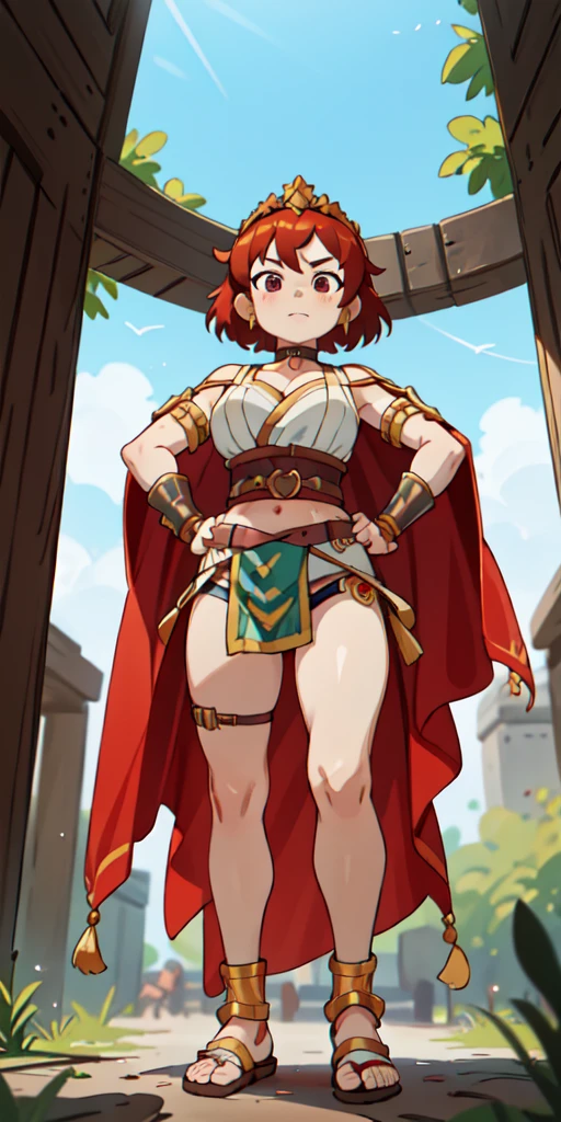 full body, whole body. loincloth standing, hands on hips full body, 1solo (girl). slave fighter, metal sandals, choker, big belt, view from below, feet together, bracers, tiara