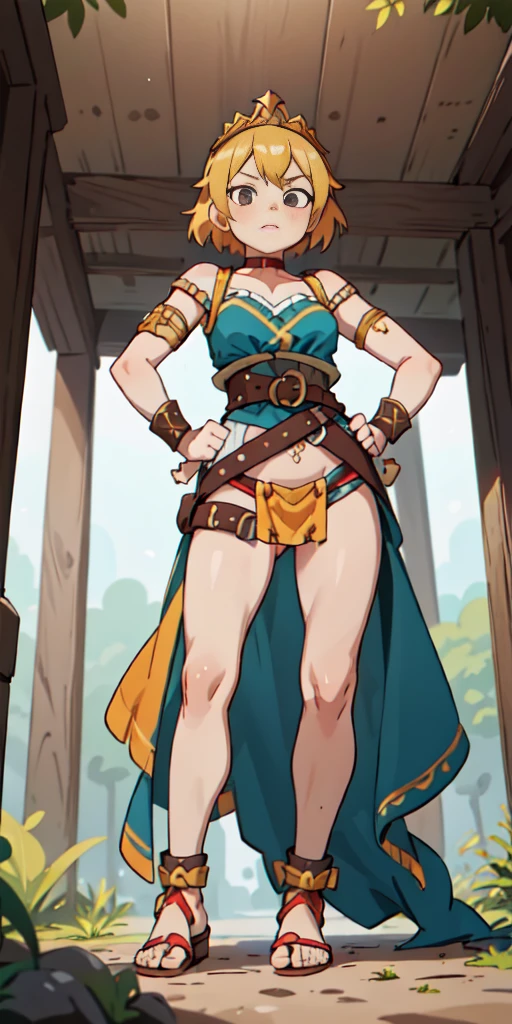 full body, whole body. loincloth standing, hands on hips full body, 1solo (girl). slave fighter, metal sandals, choker, big belt, view from below, feet together, bracers, tiara