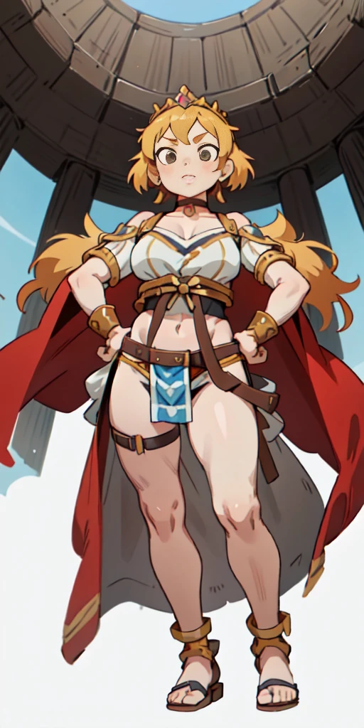full body, whole body. loincloth standing, hands on hips full body, 1solo (girl). slave fighter, metal sandals, choker, big belt, view from below, feet together, bracers, tiara