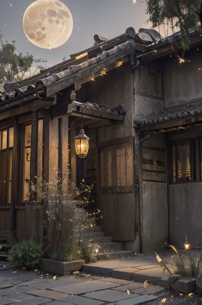 official art, China, ancient street, (many fireflies), (night), (moon), lamp, Beautiful scenery, epic scenery, Realistic lamp light, masterpiece, high quality, nice graphics, high detail, global illumination, Unreal Engine Rendering, octane rendering, (high dynamic range:1.3)
