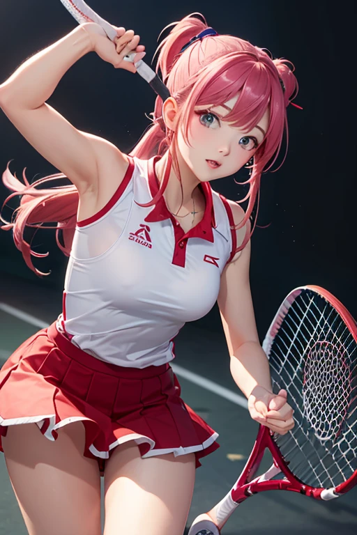 highest quality、masterpiece、High sensitivity、High resolution、One Woman、Slim Body、tennis、Holding a racket、Strike back
