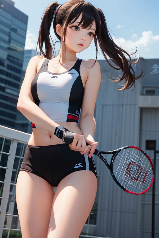 highest quality、masterpiece、High sensitivity、High resolution、One Woman、Slim Body、tennis、Holding a racket、Strike back