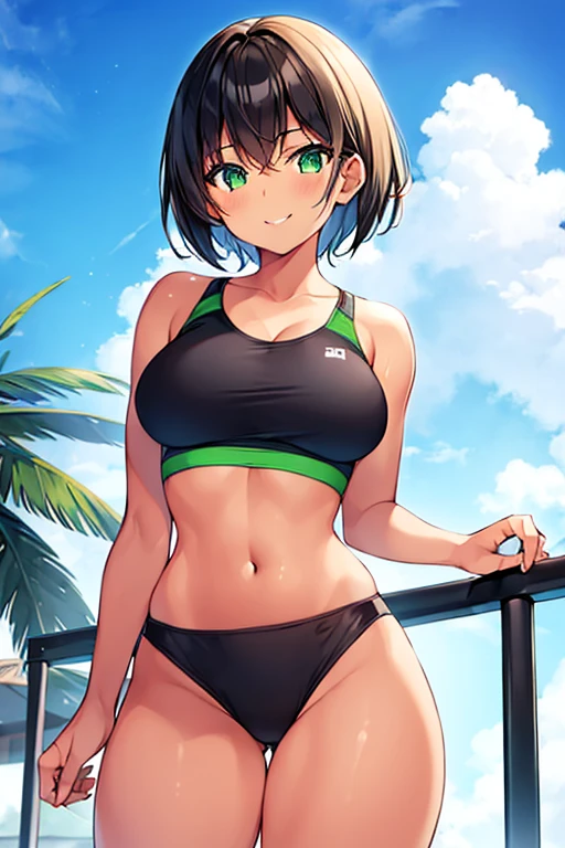 1girl, tan skin, tan-skinned female, sports bra, sportswear, large breasts, thick thighs, black sportswear, bare lega, smile, black hair, very short hair, green eyes, pixie cut, short pants